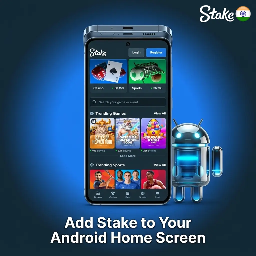 Stake PWA installation steps on Android showing Chrome menu with Add to Home Screen option highlighted