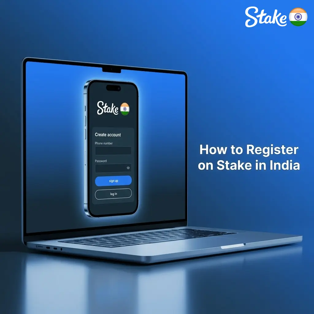 Step-by-step Stake India registration guide showing sign-up form fields for username, email, date of birth and promo code