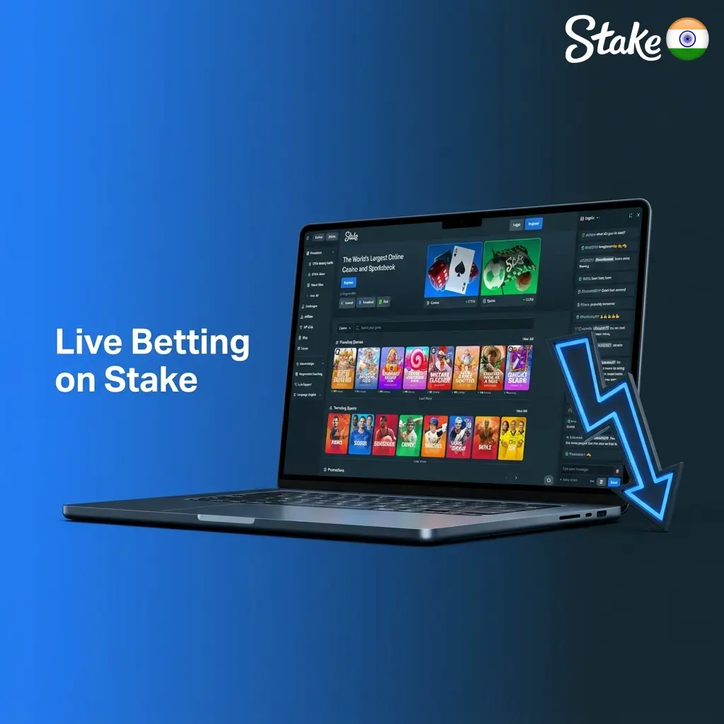 Stake live betting interface showing real-time odds and statistics for cricket, football, and esports markets