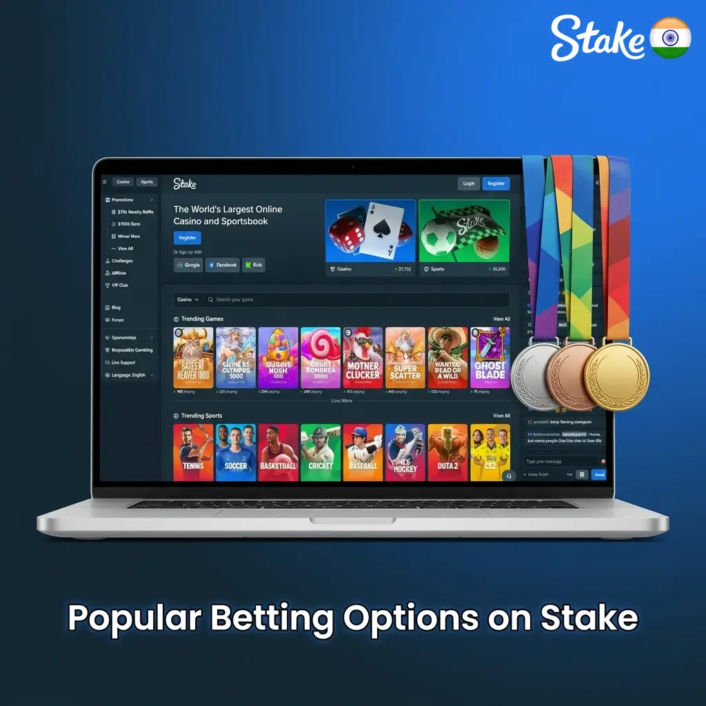 Stake betting options including live, pre-match, parlay, Asian handicap, totals, and outright bets for Indian players