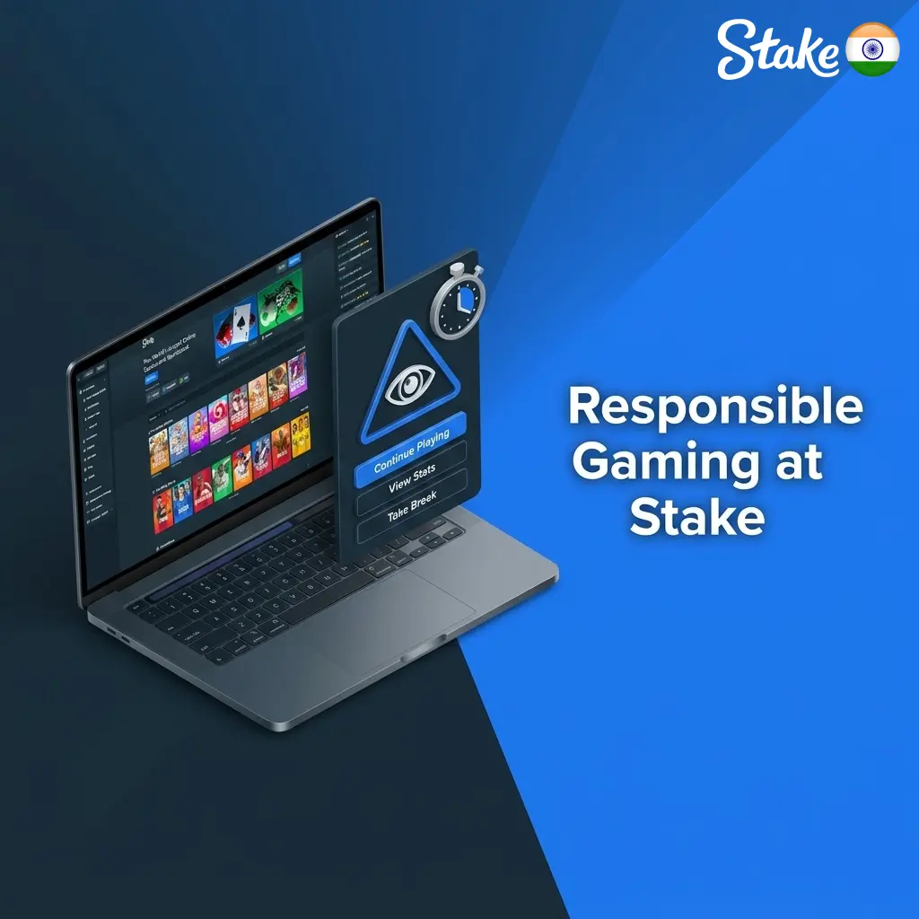 Stake responsible gaming tools including deposit limits, self-exclusion, reality checks, and support resources for Indian players