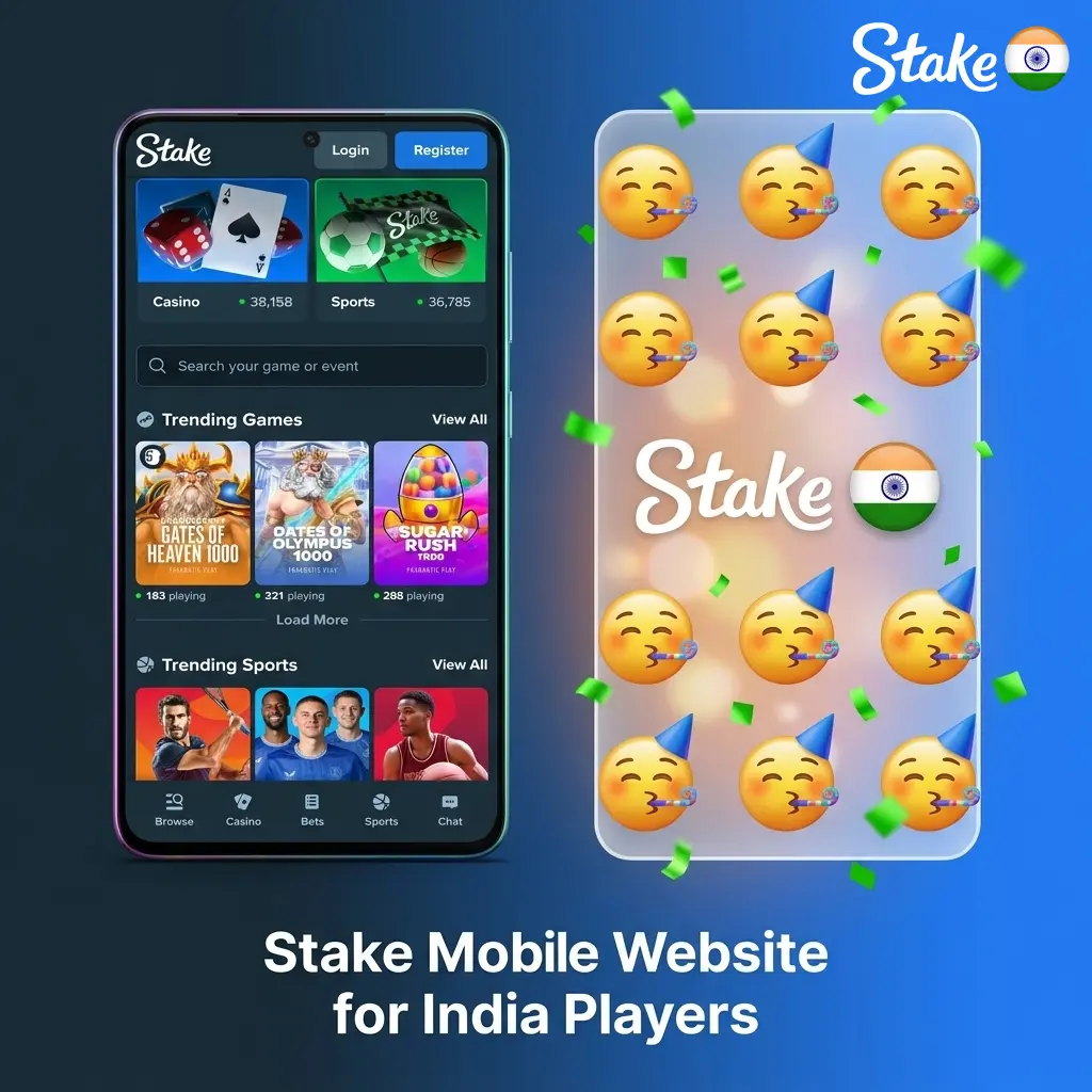 Stake mobile website interface on smartphone browser showing sports betting and casino features for Indian players